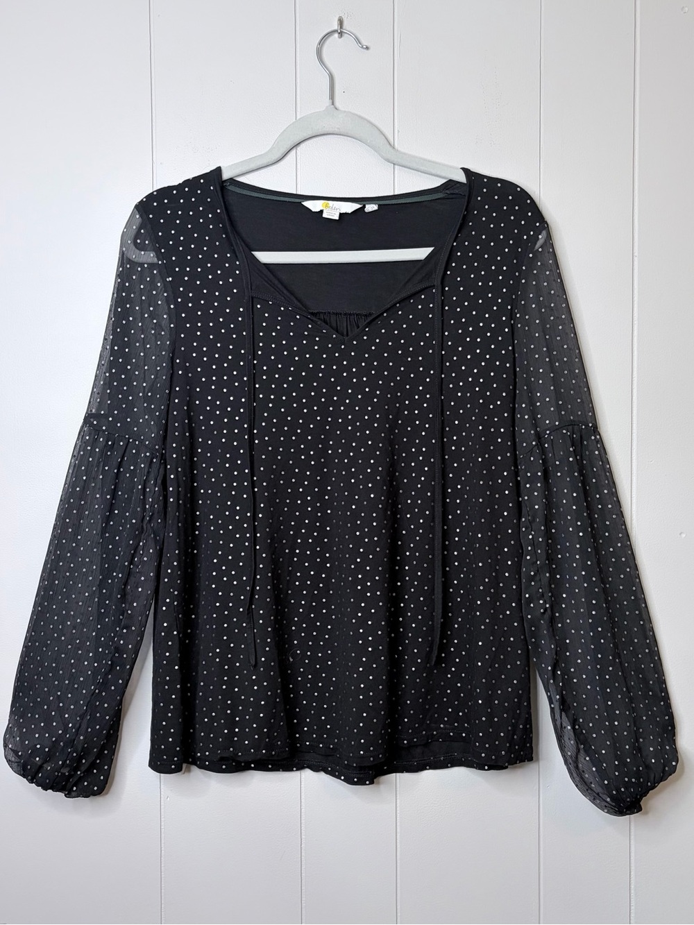 Boden Black Polka Dot V-Neck Sheer Sleeves Blouse Flowy Women’s 4